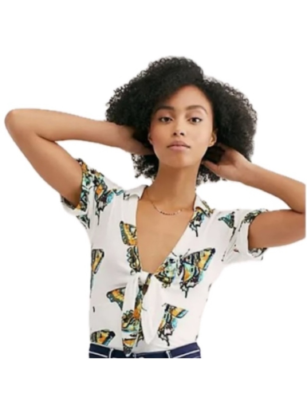 Free People Women's Ready Set Sail Tie-Front Butterfly Print Shirt Size Large